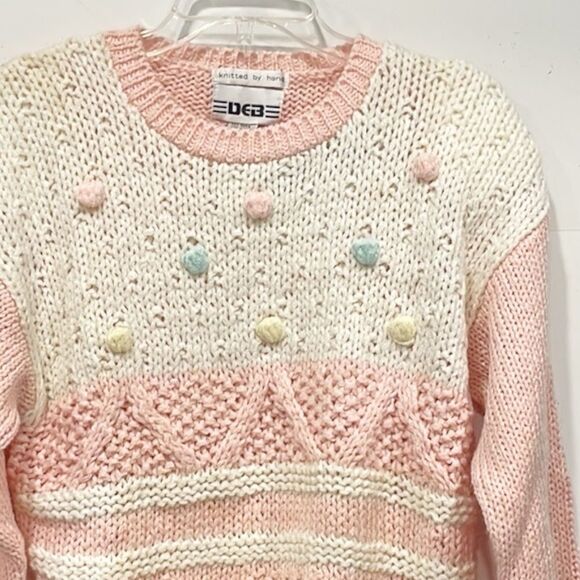 NEW Vintage Deb Womens Lg Crew Neck Sweater Petal Pink Pom‎ Poms Hand Knitted - Picture 2 of 9